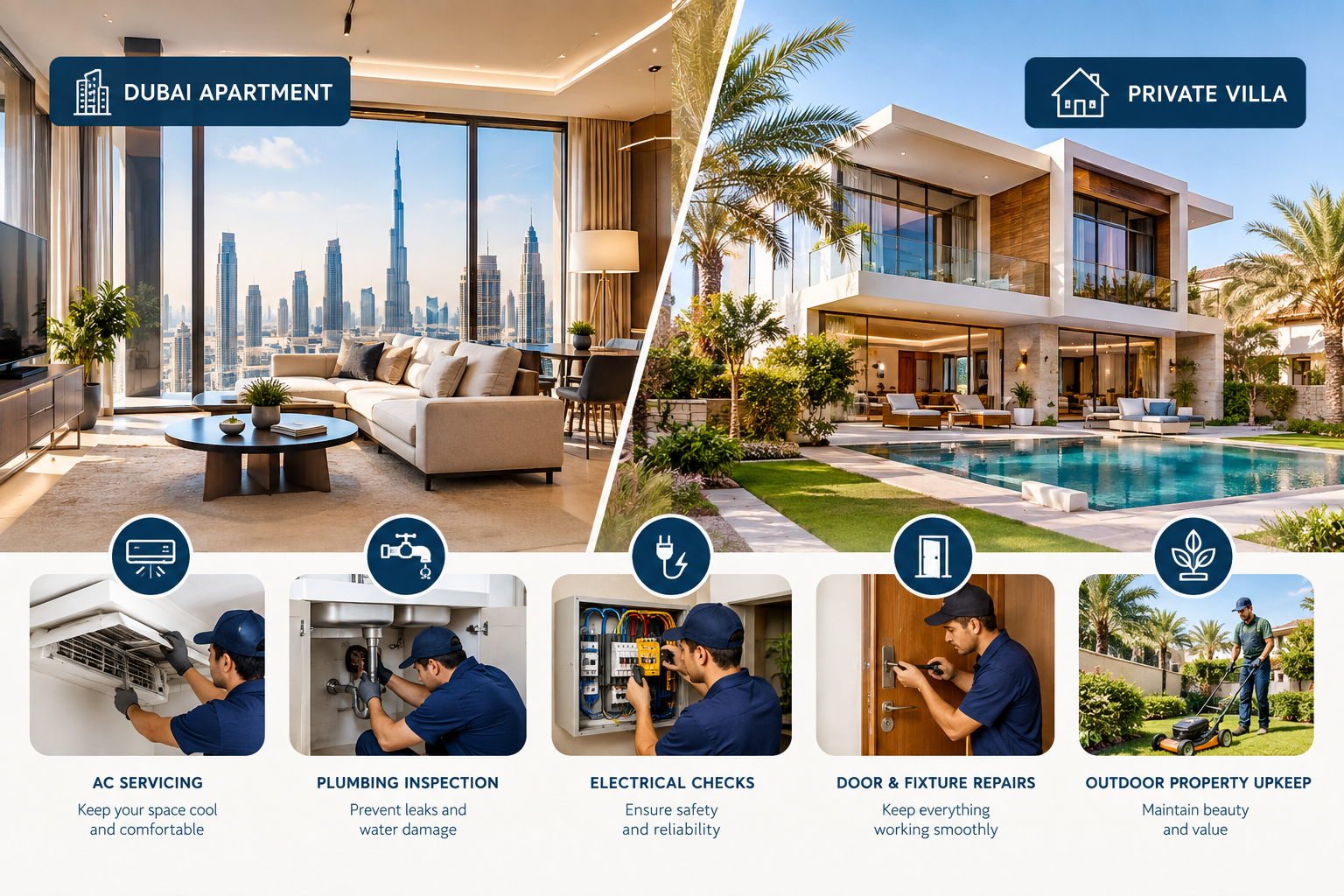 Apartment vs villa maintenance in Dubai with indoor and outdoor property care