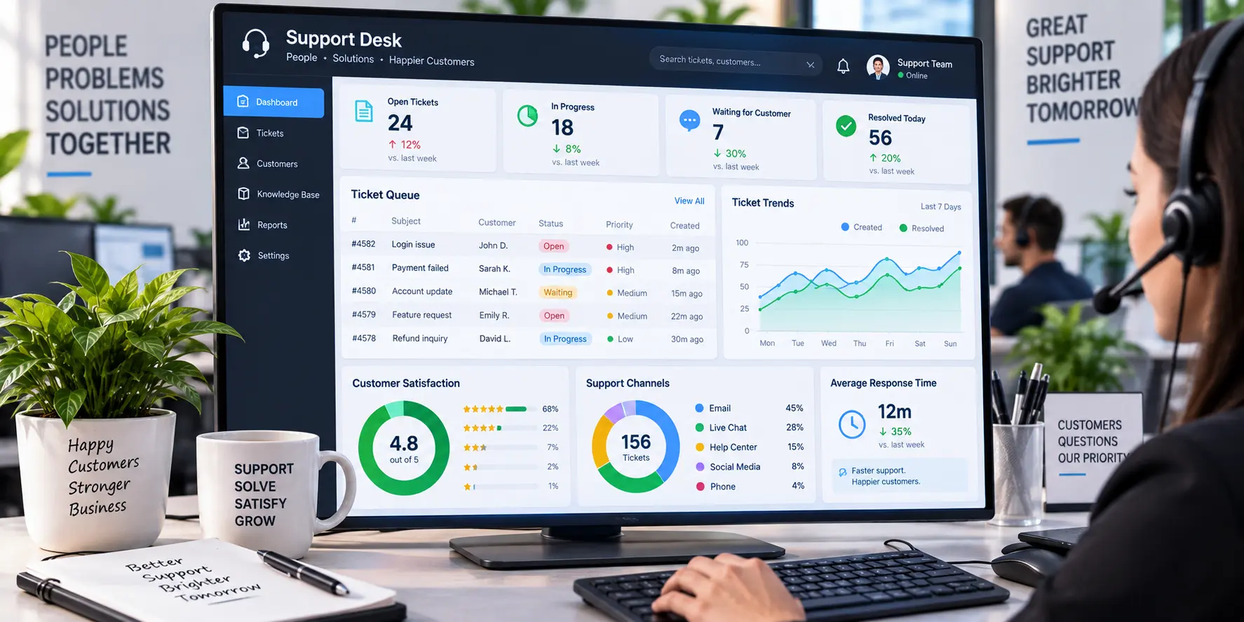 Modern customer service desk dashboard displaying live support ticketing queues