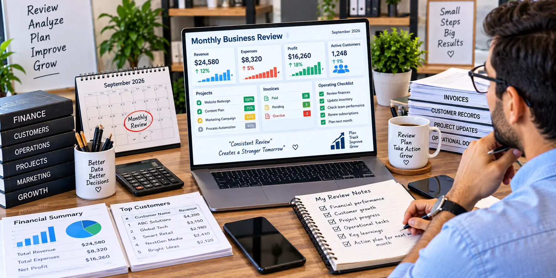 Monthly business review covering finances, operations, projects, and performance